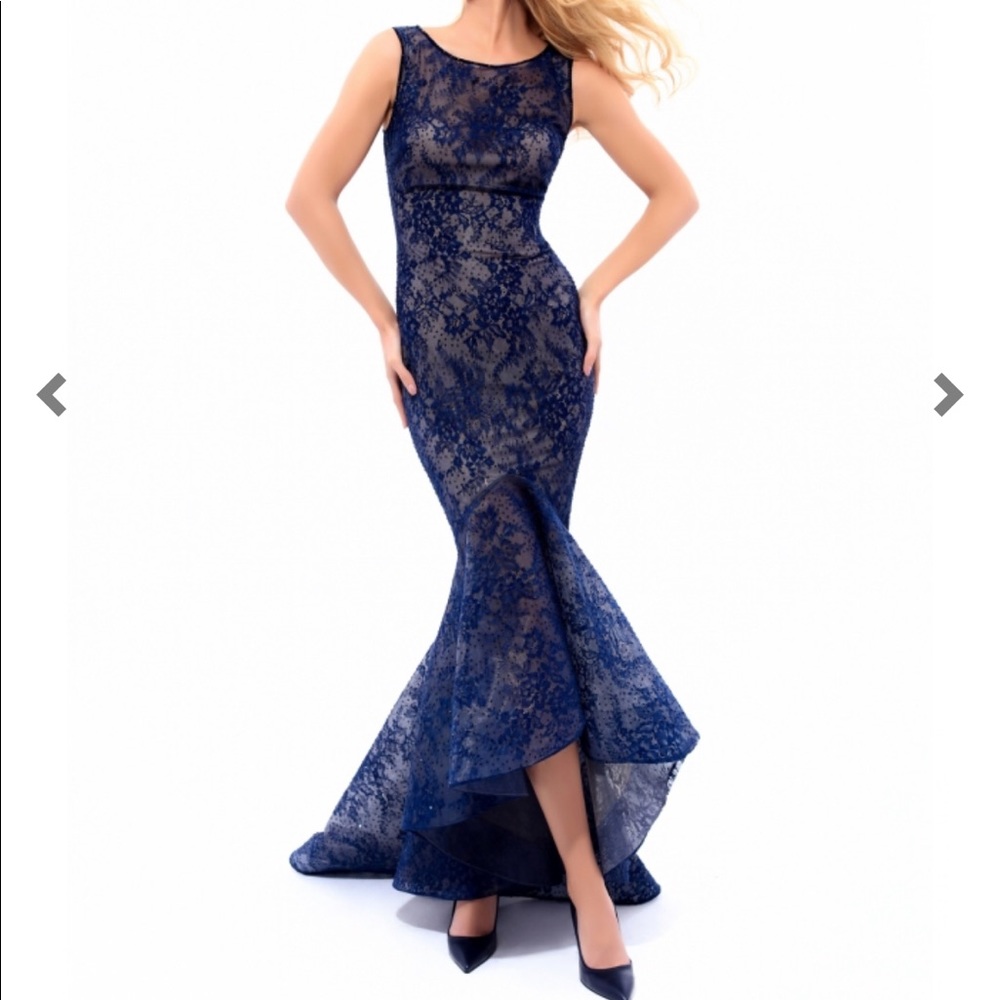 Tarik Ediz 93328 Navy Blue High Low Prom Dress